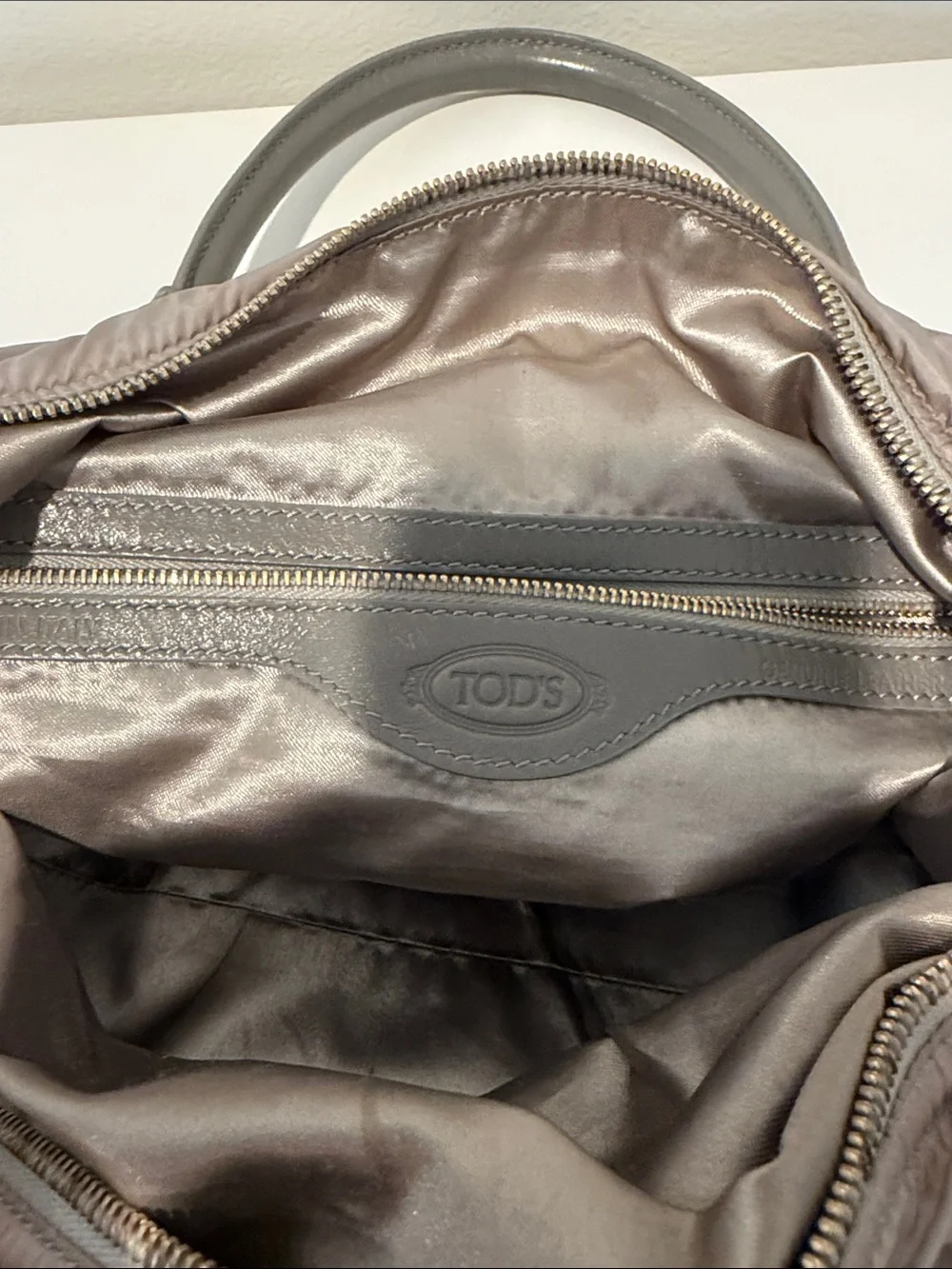Tod's Taupe Nylon Satchel with Gray Patent Handles